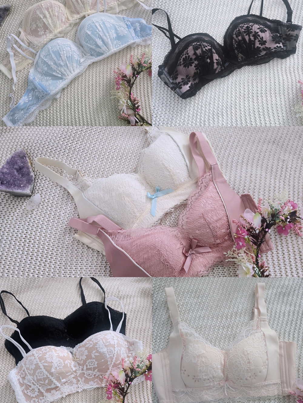 Lace Push-Up Bra - Pink, White, Black, Blue, Cream For Small Bust 32A 34A 36A